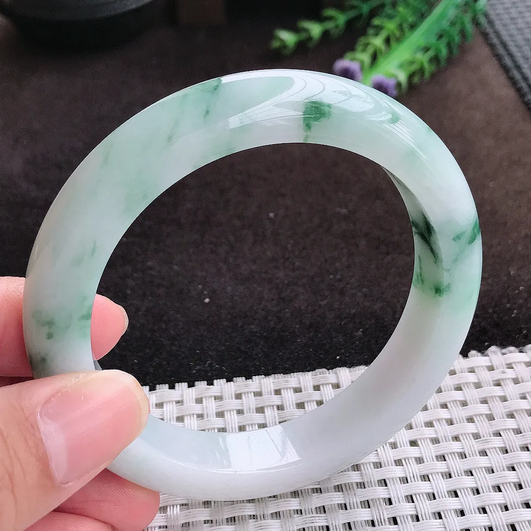自然光60/12.6/9.3老坑冰润水灵飘花大圈口手镯宽边翡翠玉镯美人镯