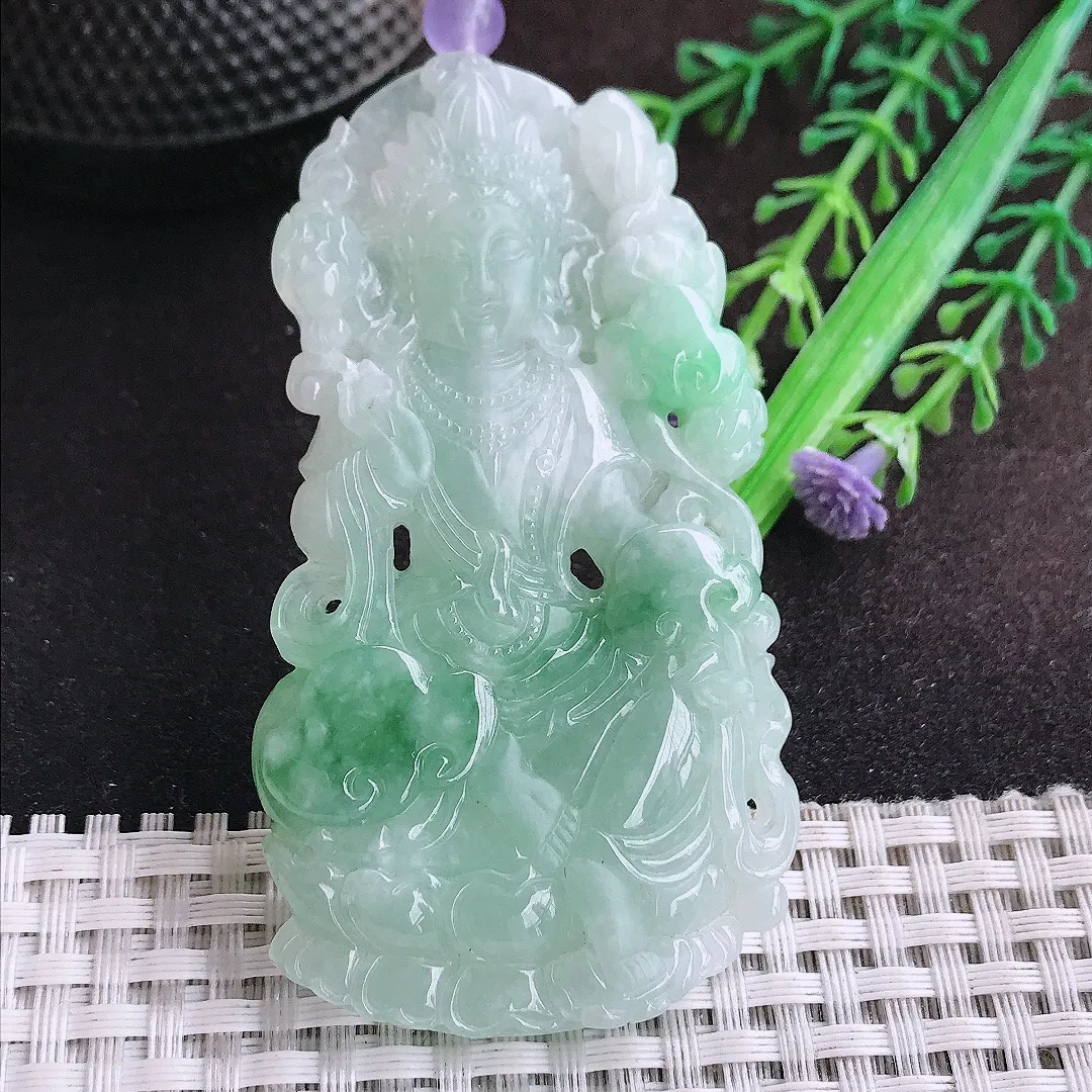 自然光73.8/40/6.8老坑精美冰润飘花渡母菩萨吊坠翡翠玉坠挂件百搭