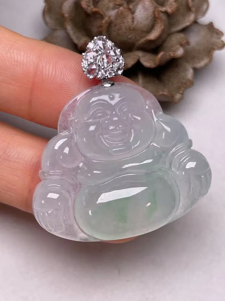 冰种飘绿佛公吊坠、真金真钻镶嵌，种水好，玉质细腻 .裸石尺寸 33.6*28.3