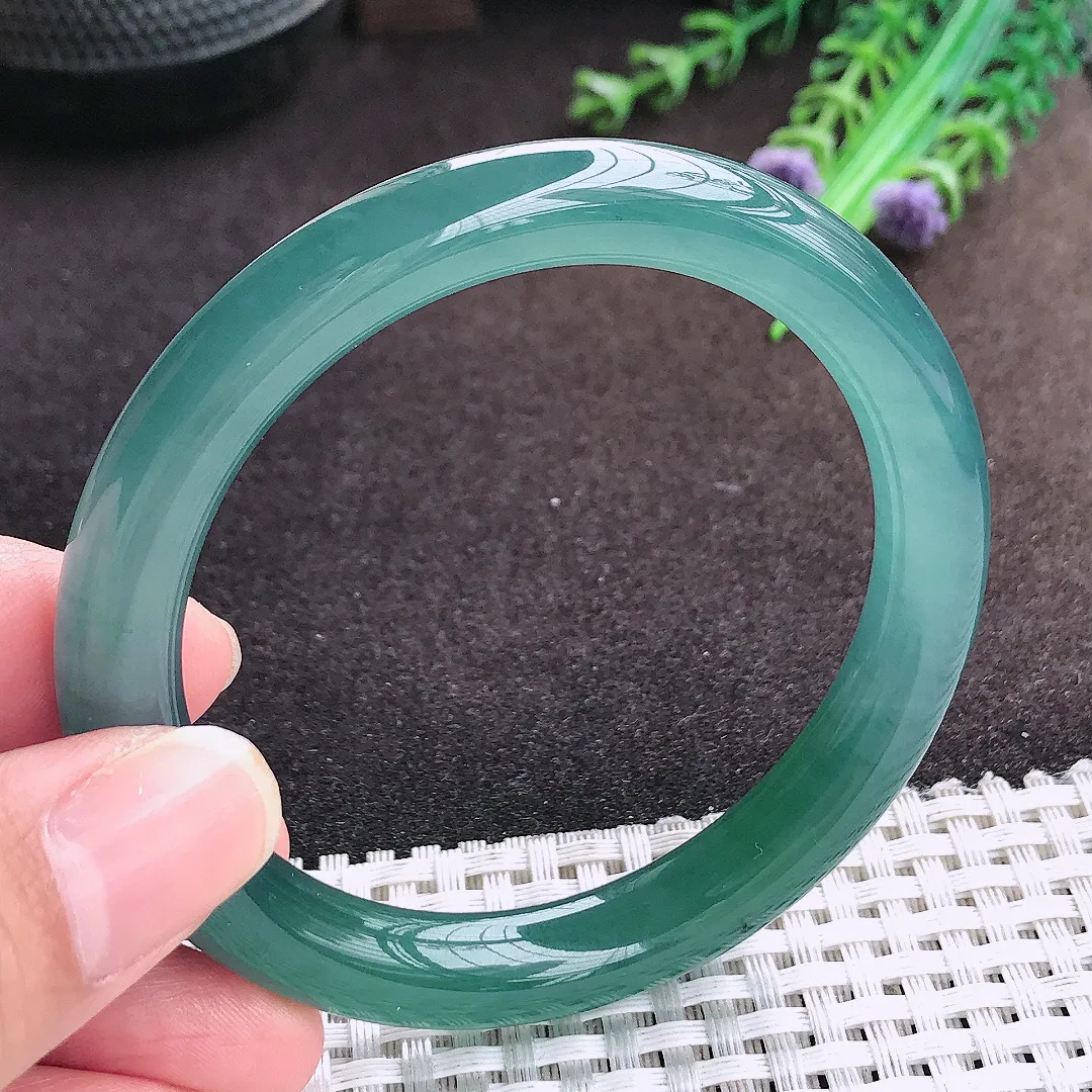 自然光55.5/9/8.6老坑冰胶果冻满色蓝韵圆条手镯宽边翡翠玉镯美人镯