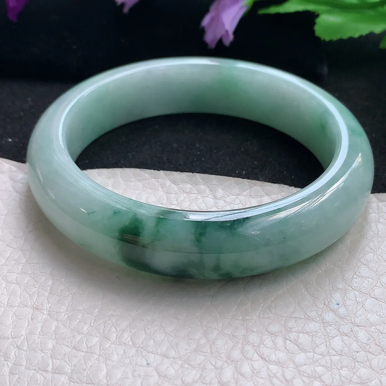 qn自然光58.5*14.2*9.2平安镯 天然缅甸翡翠a货手镯飘花正圈宽边镯子