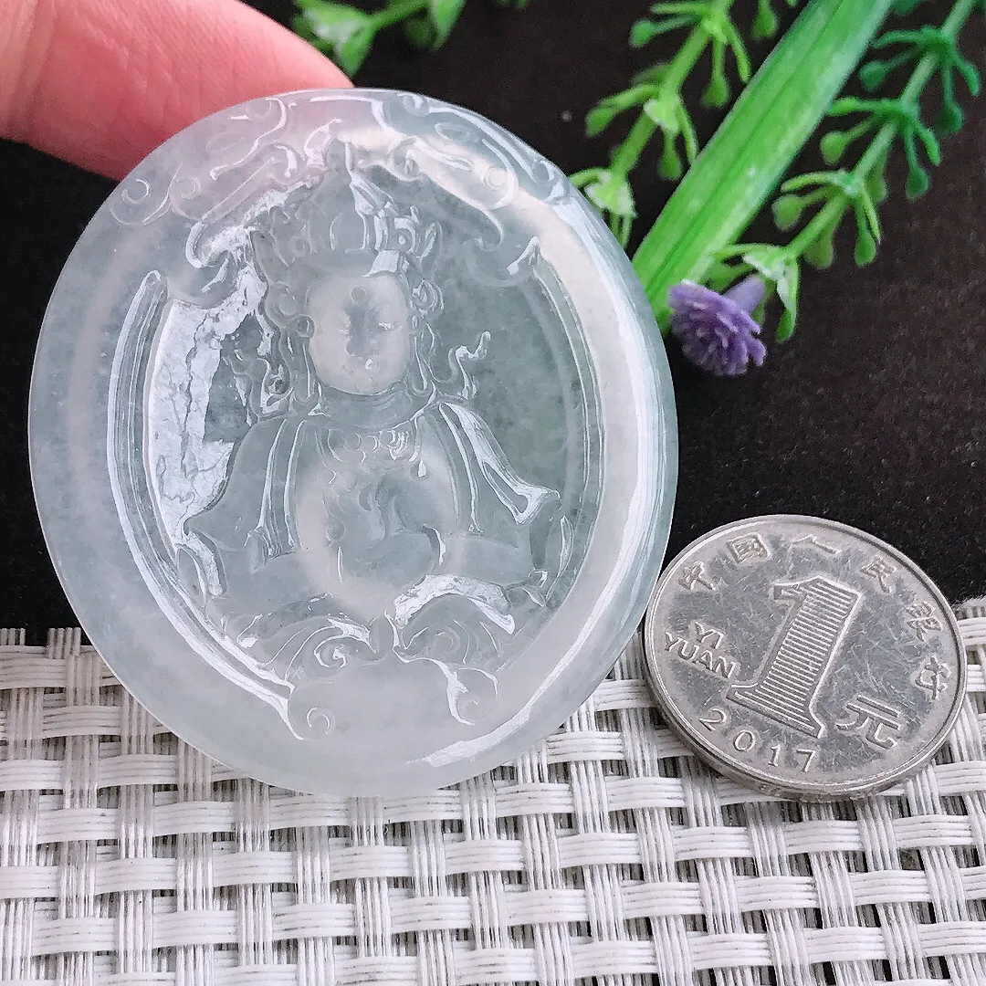 自然光52.3/48/5老坑冰种起胶白冰观音菩萨吊坠翡翠玉坠挂件百搭