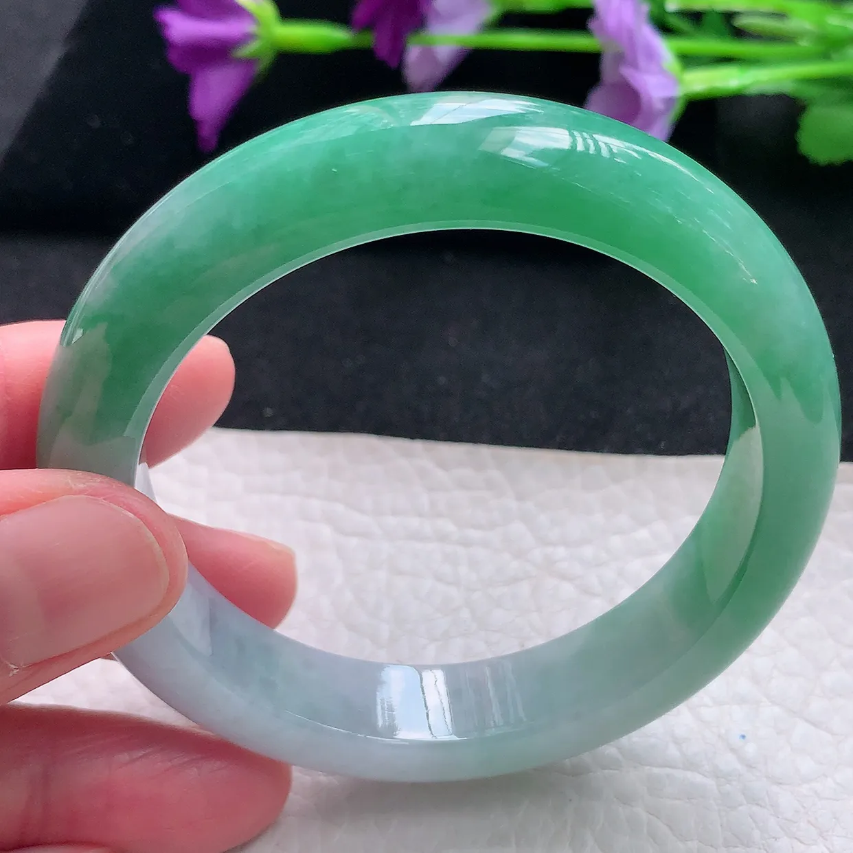 Pj自然光54*12.3*8.7平安镯 天然缅甸翡翠a货手镯半山半水绿镯手镯