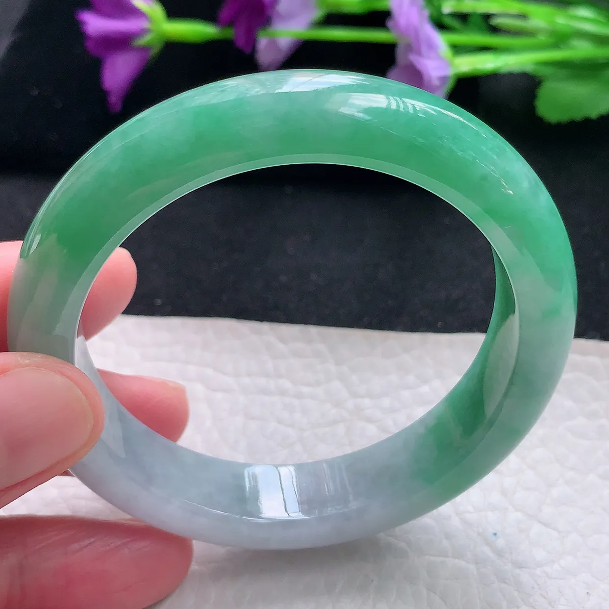 Pj自然光54*12.3*8.7平安镯 天然缅甸翡翠a货手镯半山半水绿镯手镯