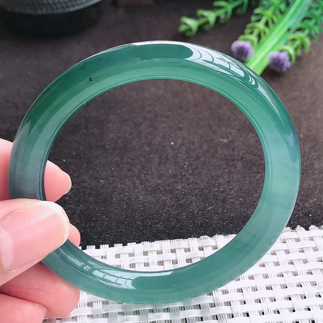 自然光55.5/9/8.6老坑冰胶果冻满色蓝韵圆条手镯宽边翡翠玉镯美人镯