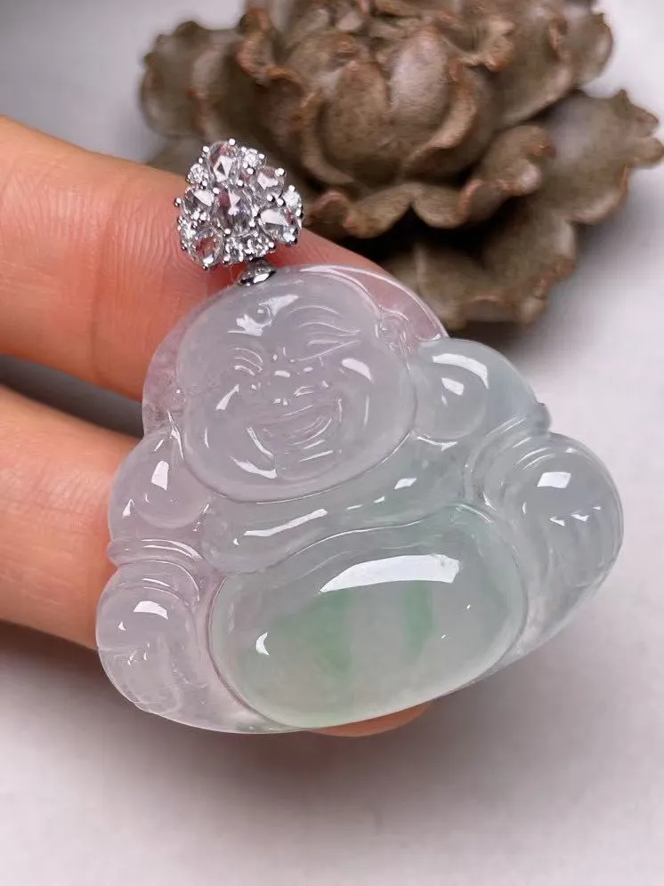 冰种飘绿佛公吊坠、真金真钻镶嵌，种水好，玉质细腻 .裸石尺寸 33.6*28.3