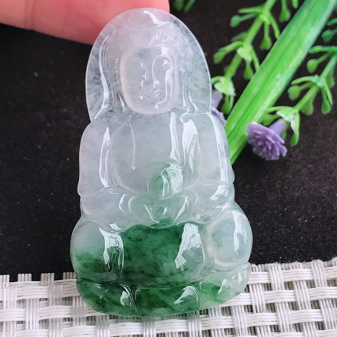 自然光55.7/33.3/4.6老坑冰胶果冻飘花观音菩萨吊坠翡翠玉坠挂件百搭