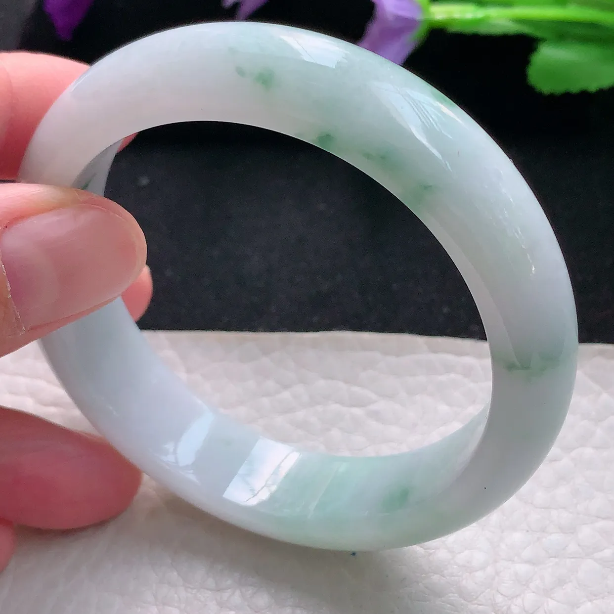 js自然光54*14*7.8平安镯 天然缅甸翡翠手镯飘花正圈宽边镯子玉手环