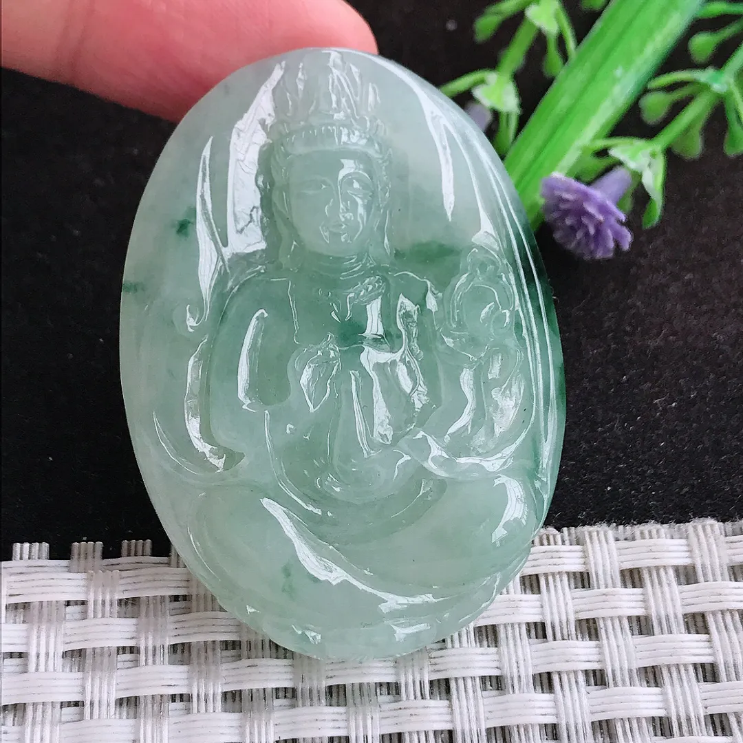自然光48/35.7/8.5老坑冰胶水灵飘花赐福观音吊坠翡翠玉坠挂件百搭