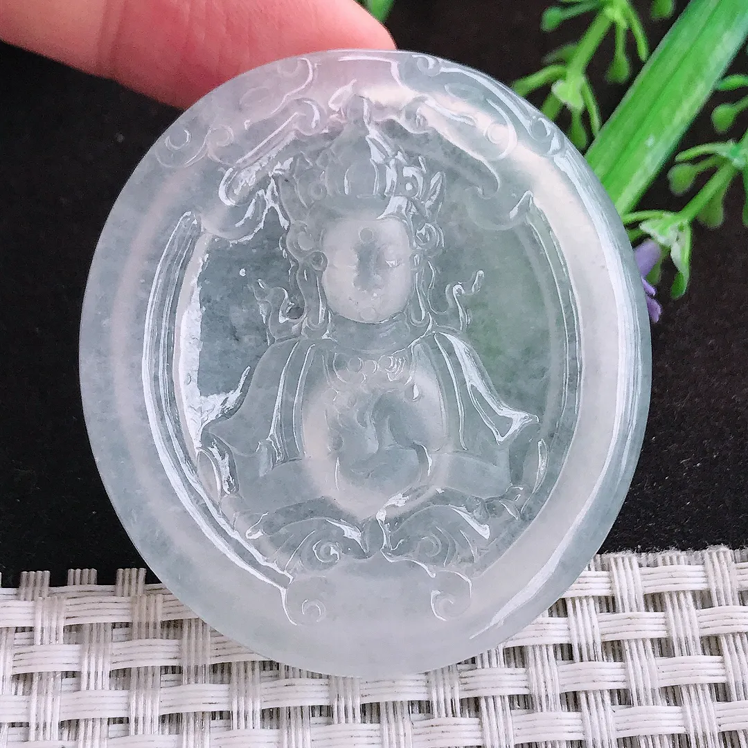 自然光52.3/48/5老坑冰种起胶白冰观音菩萨吊坠翡翠玉坠挂件百搭