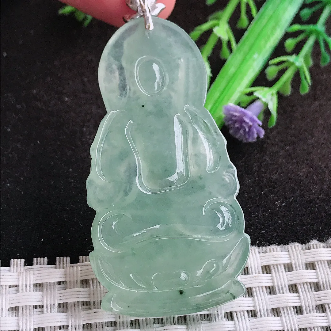 自然光51.8/28/5.3老坑18k金镶嵌冰种果冻胶冰晴绿虚空藏菩萨吊坠翡翠玉坠挂件百搭