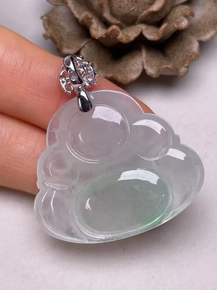 冰种飘绿佛公吊坠、真金真钻镶嵌，种水好，玉质细腻 .裸石尺寸 33.6*28.3