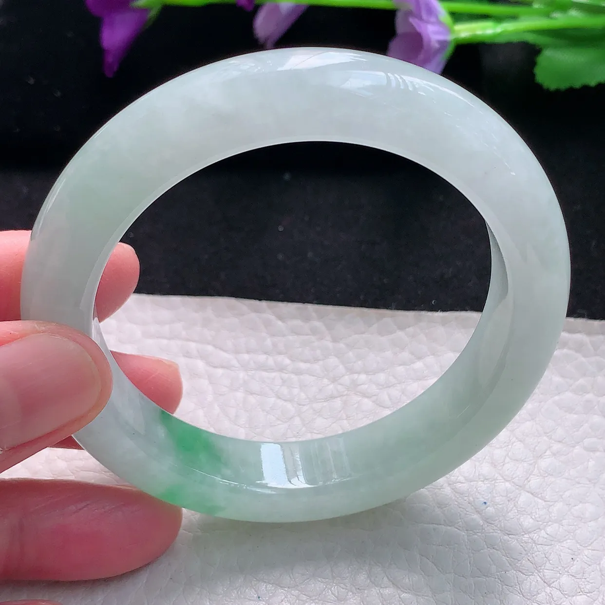 jm自然光55.5*12.5*9.6平安镯 天然缅甸翡翠a货手镯飘绿花正圈冰透厚镯子