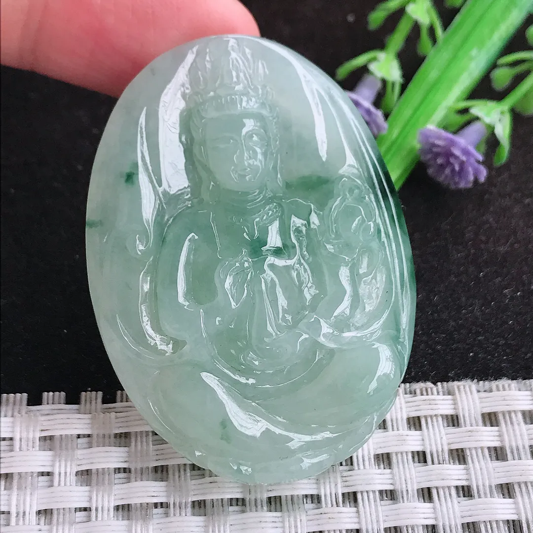 自然光48/35.7/8.5老坑冰胶水灵飘花赐福观音吊坠翡翠玉坠挂件百搭