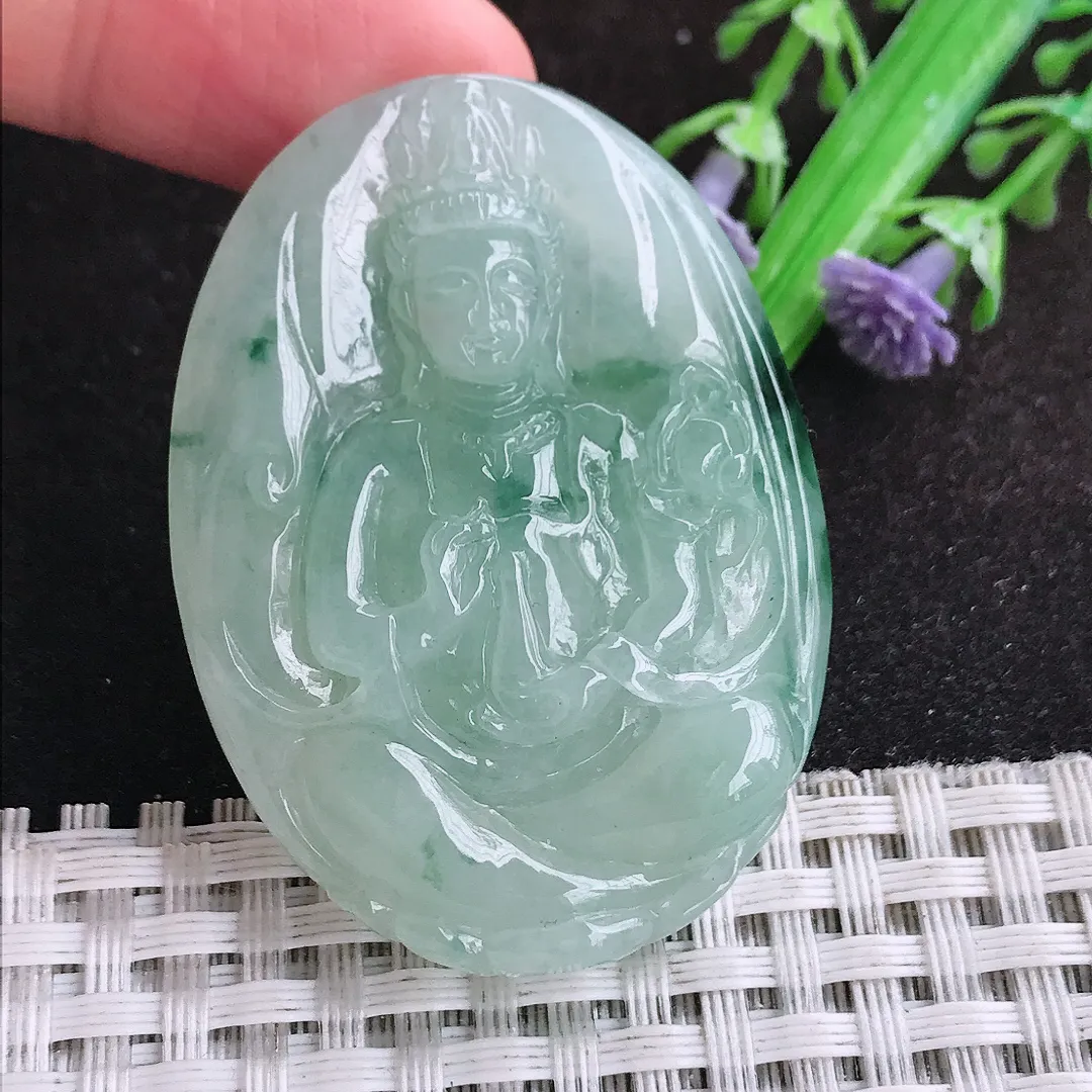 自然光48/35.7/8.5老坑冰胶水灵飘花赐福观音吊坠翡翠玉坠挂件百搭