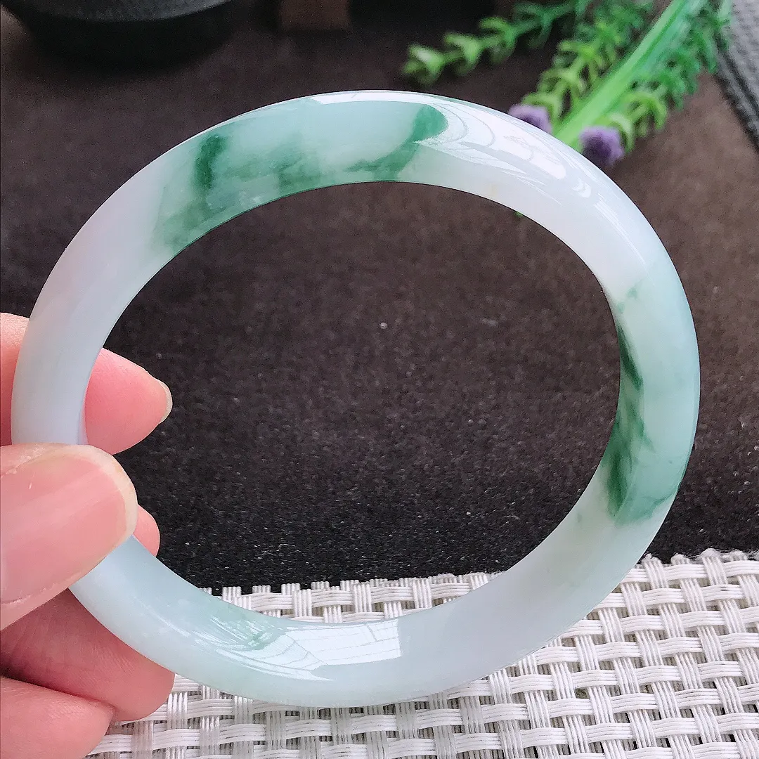 自然光63/11.7/8.2老坑冰润起胶飘花手镯大圈口宽边翡翠玉镯美人镯