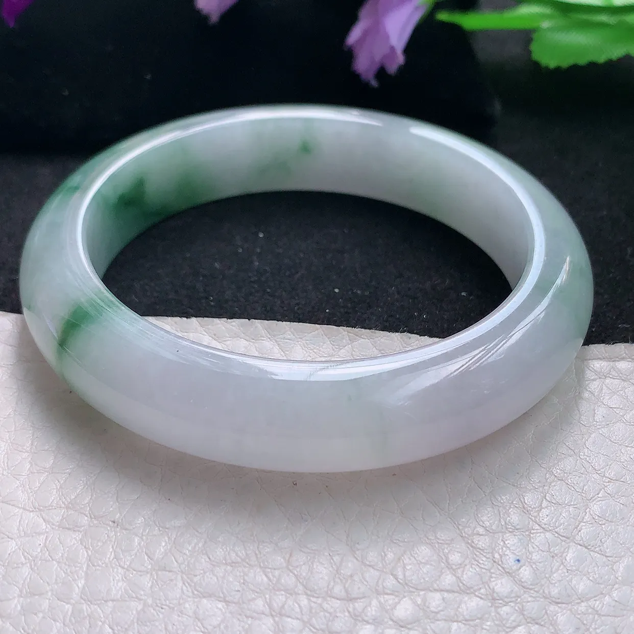 xh自然光55.5*12.6*9平安镯 天然缅甸翡翠a货手镯飘花正圈宽边镯子