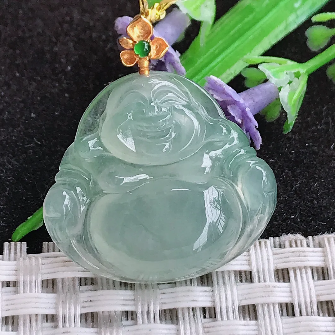 自然光22.3/25/5.8老坑18k金镶嵌冰种冰晴绿佛公吊坠翡翠玉佛挂件