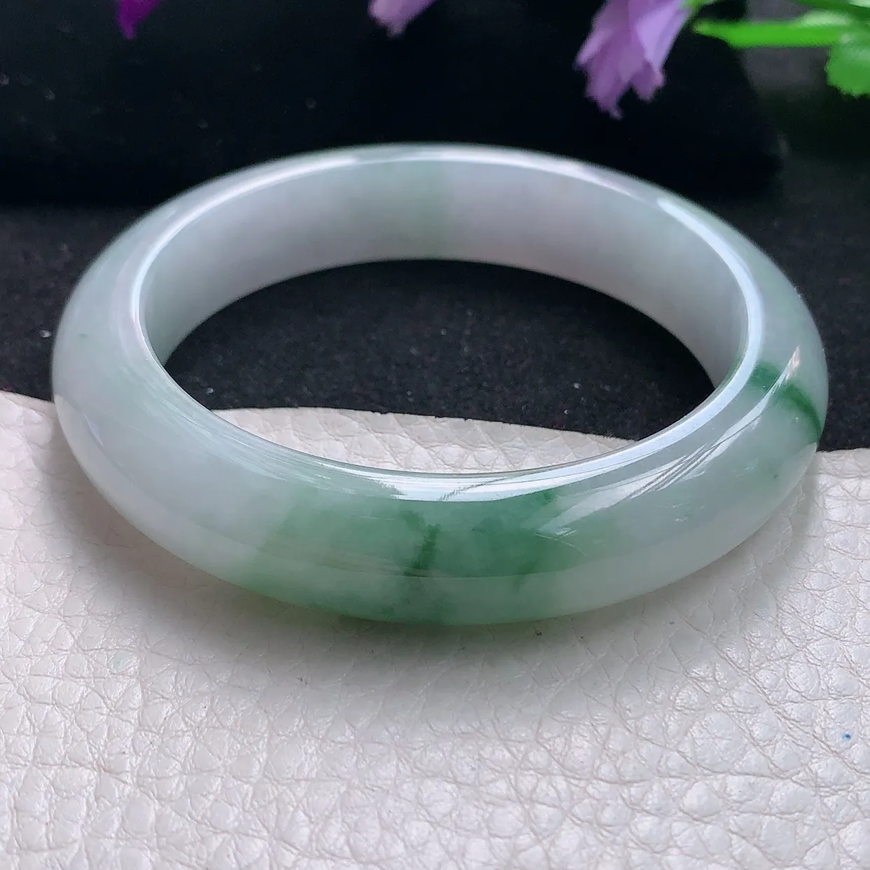 xh自然光55.5*12.6*9平安镯 天然缅甸翡翠a货手镯飘花正圈宽边镯子