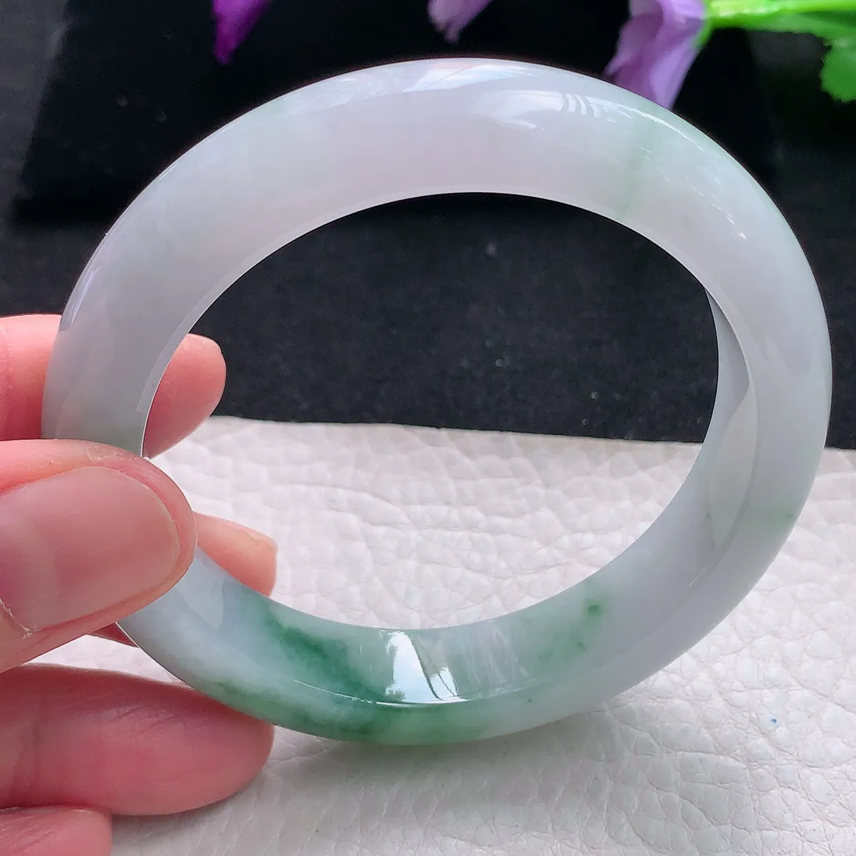 xh自然光55.5*12.6*9平安镯 天然缅甸翡翠a货手镯飘花正圈宽边镯子