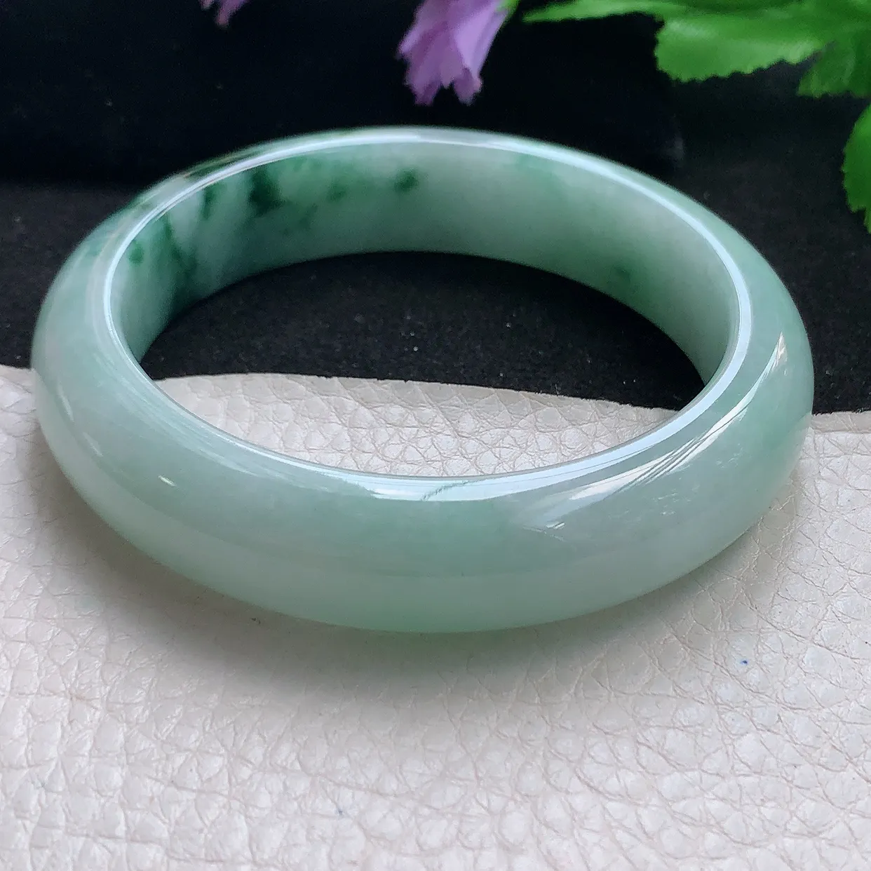 qn自然光58.5*14.2*9.2平安镯 天然缅甸翡翠a货手镯飘花正圈宽边镯子