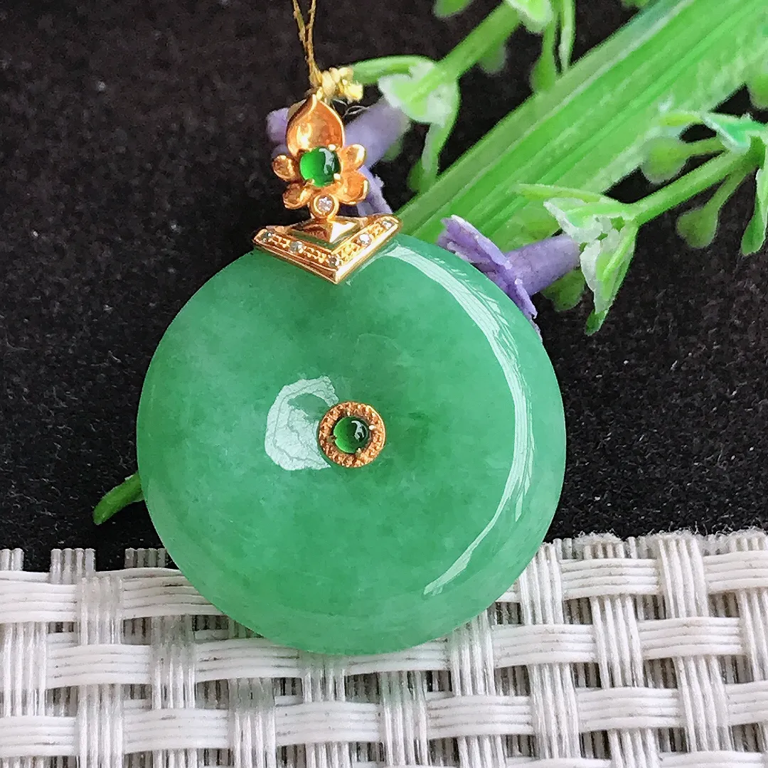 自然光24/5.6老坑18k金镶嵌满绿平安扣吊坠翡翠玉坠挂件