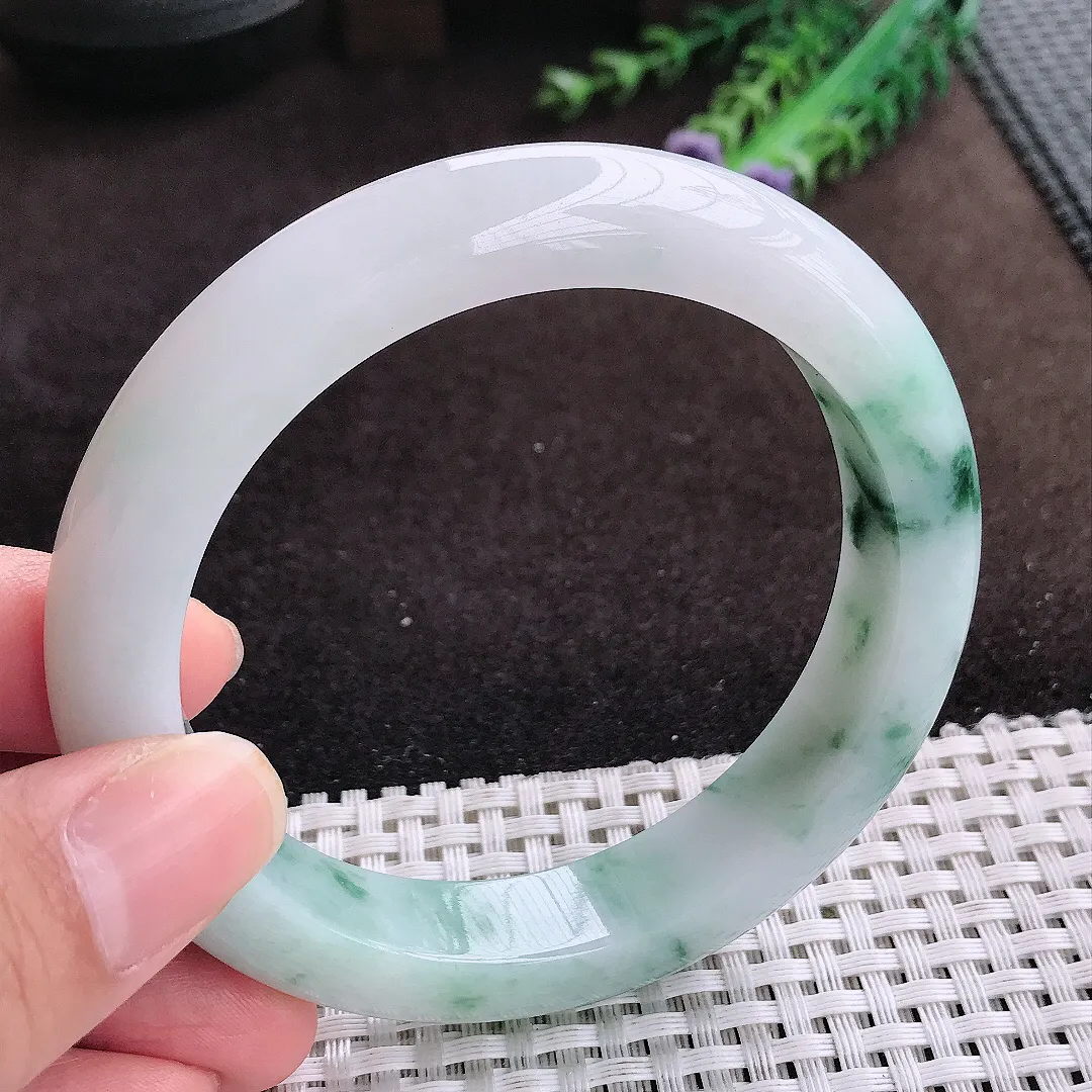 自然光60/12.6/9.3老坑冰润水灵飘花大圈口手镯宽边翡翠玉镯美人镯