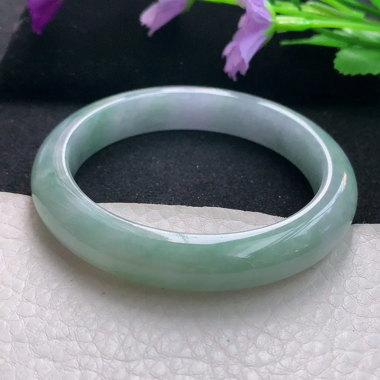 js自然光56*11.2*8平安镯 天然缅甸翡翠手镯淡紫正圈宽边镯子玉手环