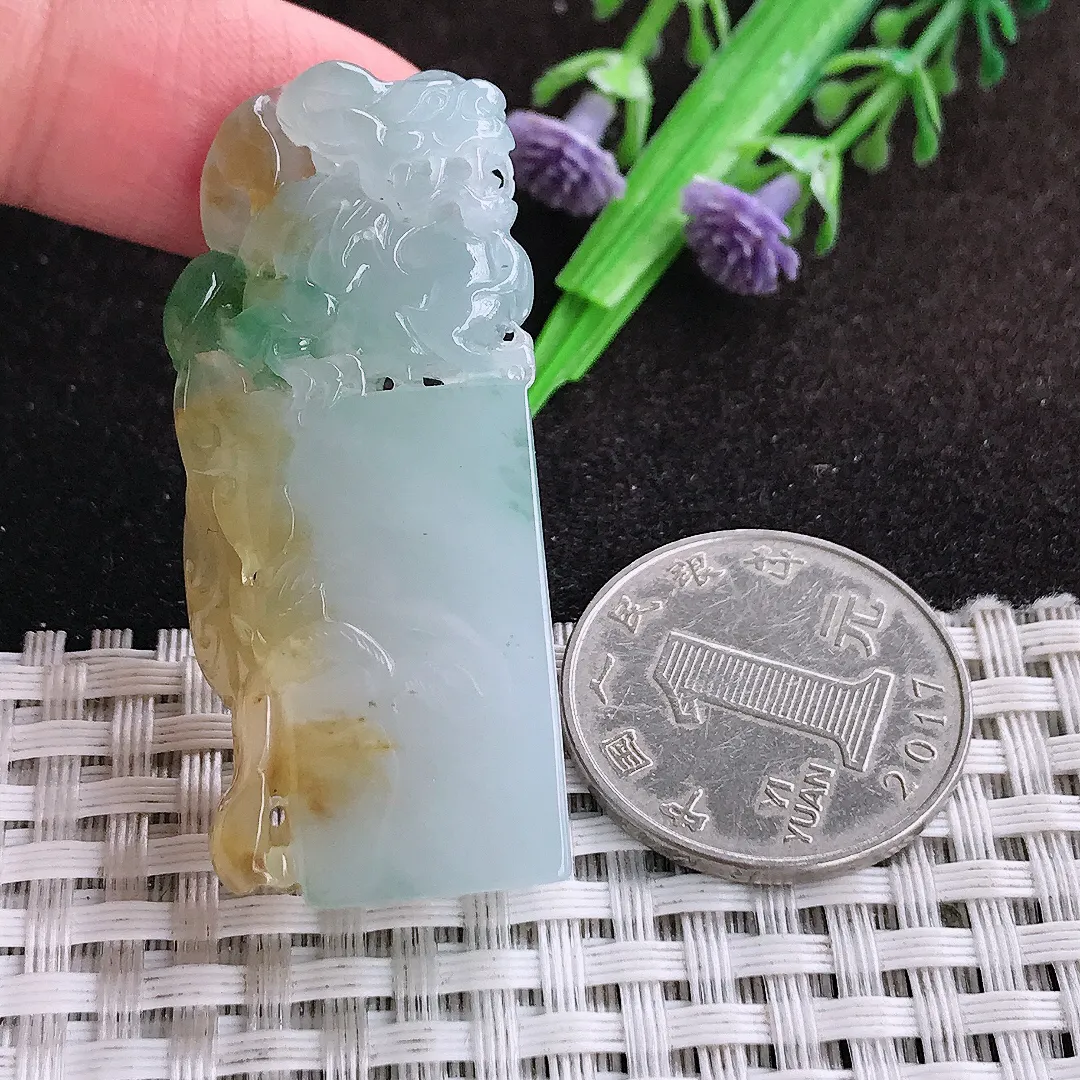 自然光47/19.8/11.6老坑冰润起胶福禄寿三彩貔貅印章翡翠玉百搭