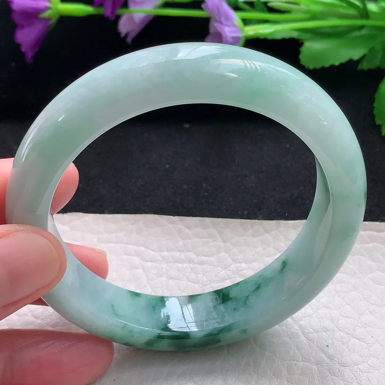 qn自然光58.5*14.2*9.2平安镯 天然缅甸翡翠a货手镯飘花正圈宽边镯子