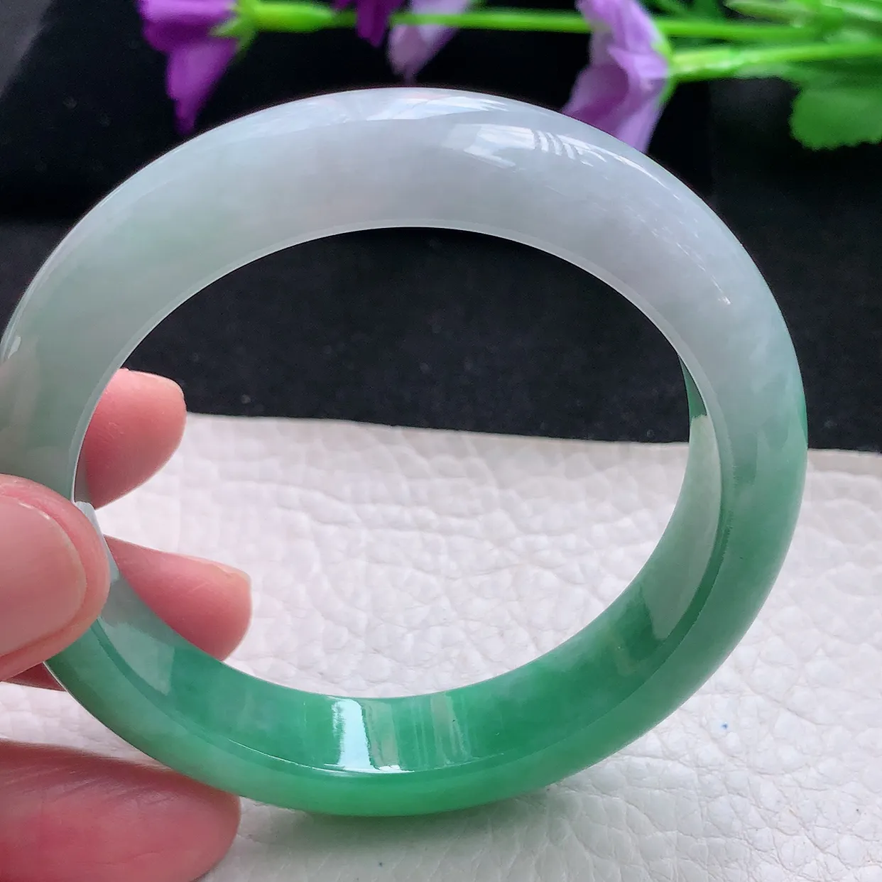 Pj自然光54*12.3*8.7平安镯 天然缅甸翡翠a货手镯半山半水绿镯手镯