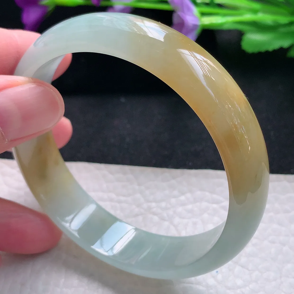 mq自然光60.5*15*7轮胎镯 天然缅甸翡翠a货手镯黄翡正圈冰透镯子