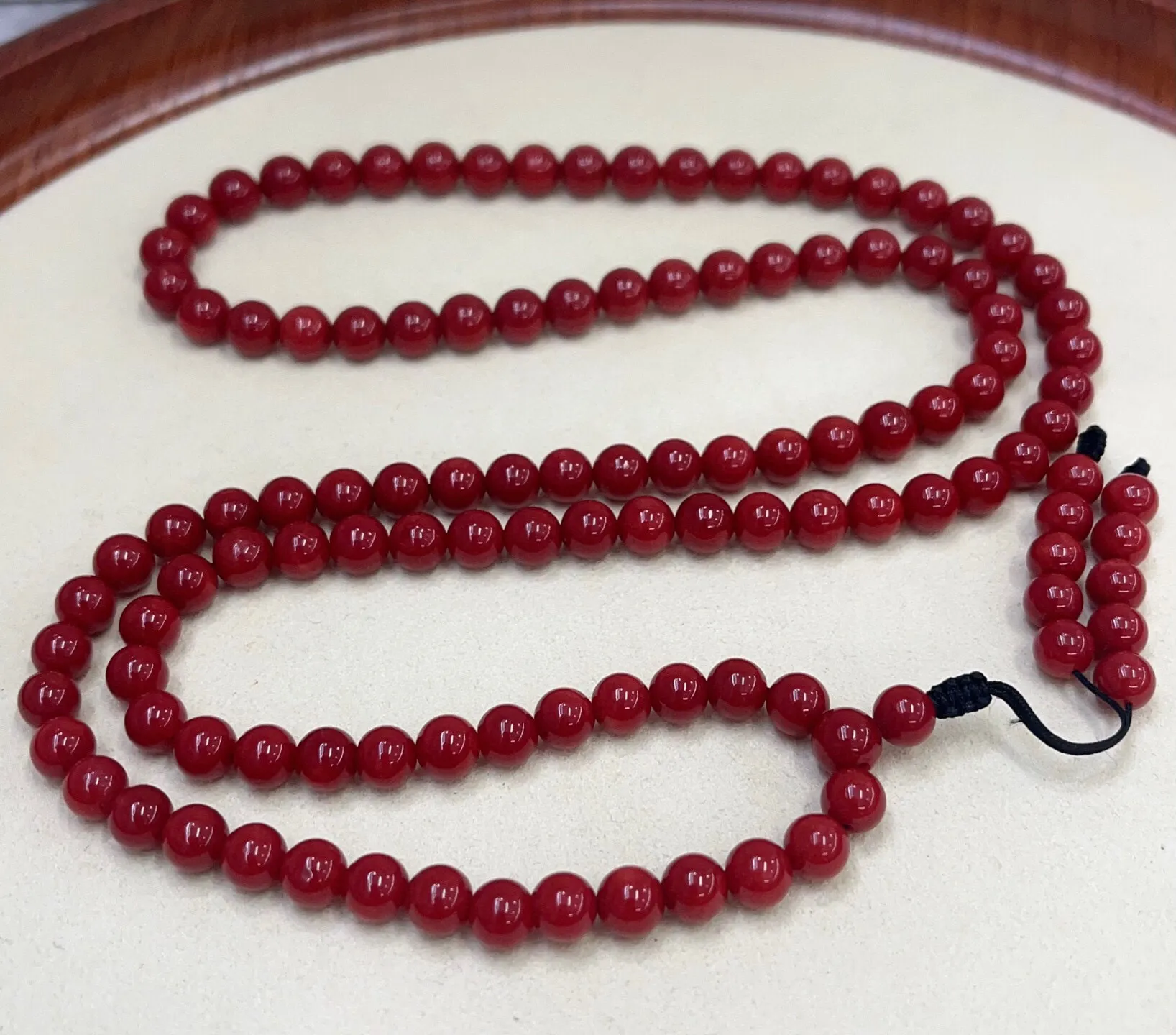 【天然牛血红珊瑚7mm圆珠108大佛珠串】传承精品！项链手链两用款！西班牙产地，科西卡材料，牛血红颜