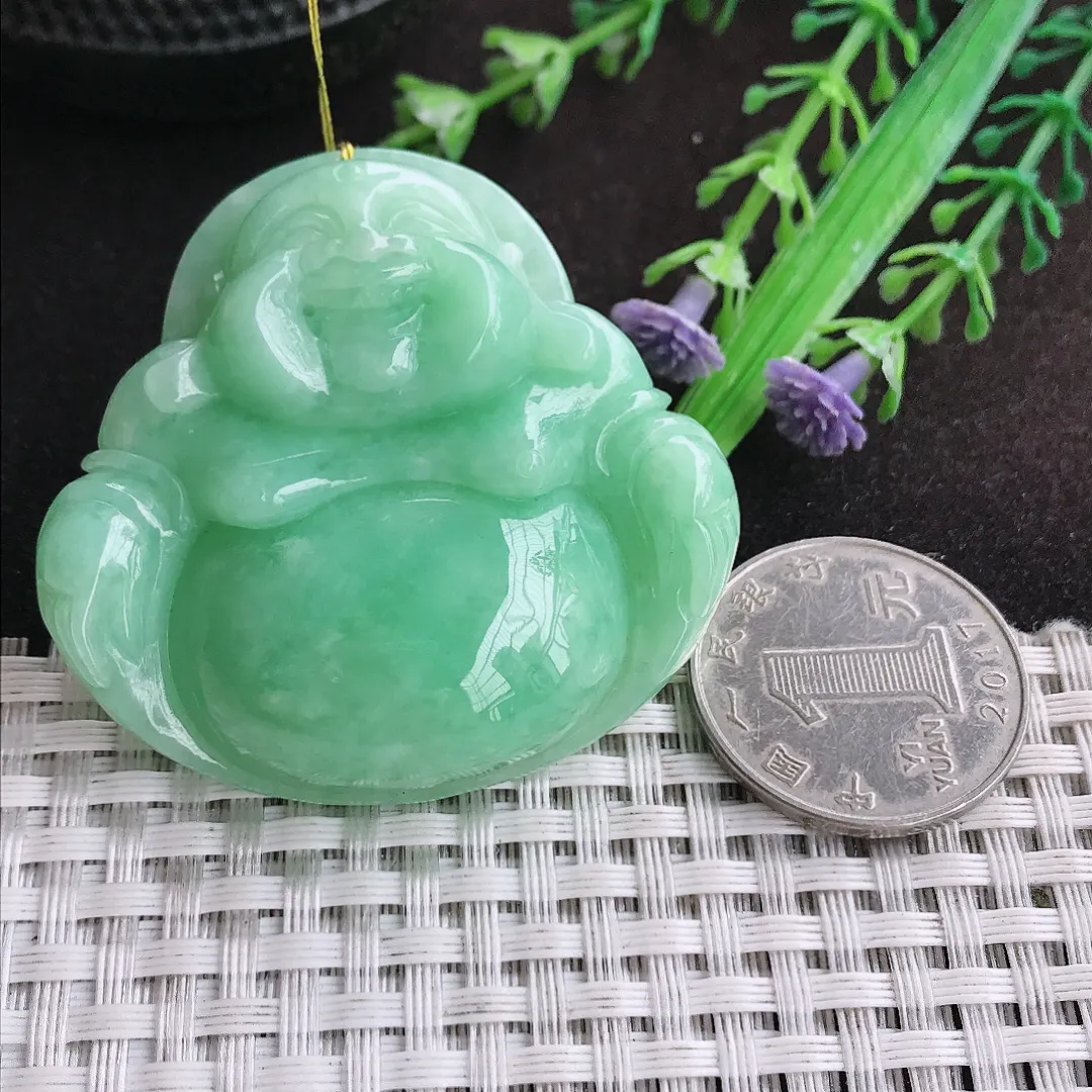 自然光48.5/50.5/12老坑温润满绿大佛公吊坠翡翠玉坠挂件