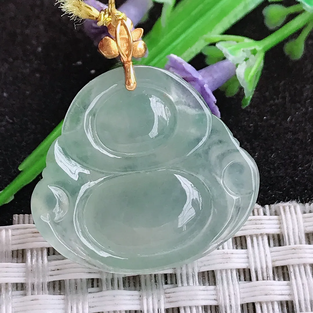 自然光22.3/25/5.8老坑18k金镶嵌冰种冰晴绿佛公吊坠翡翠玉佛挂件