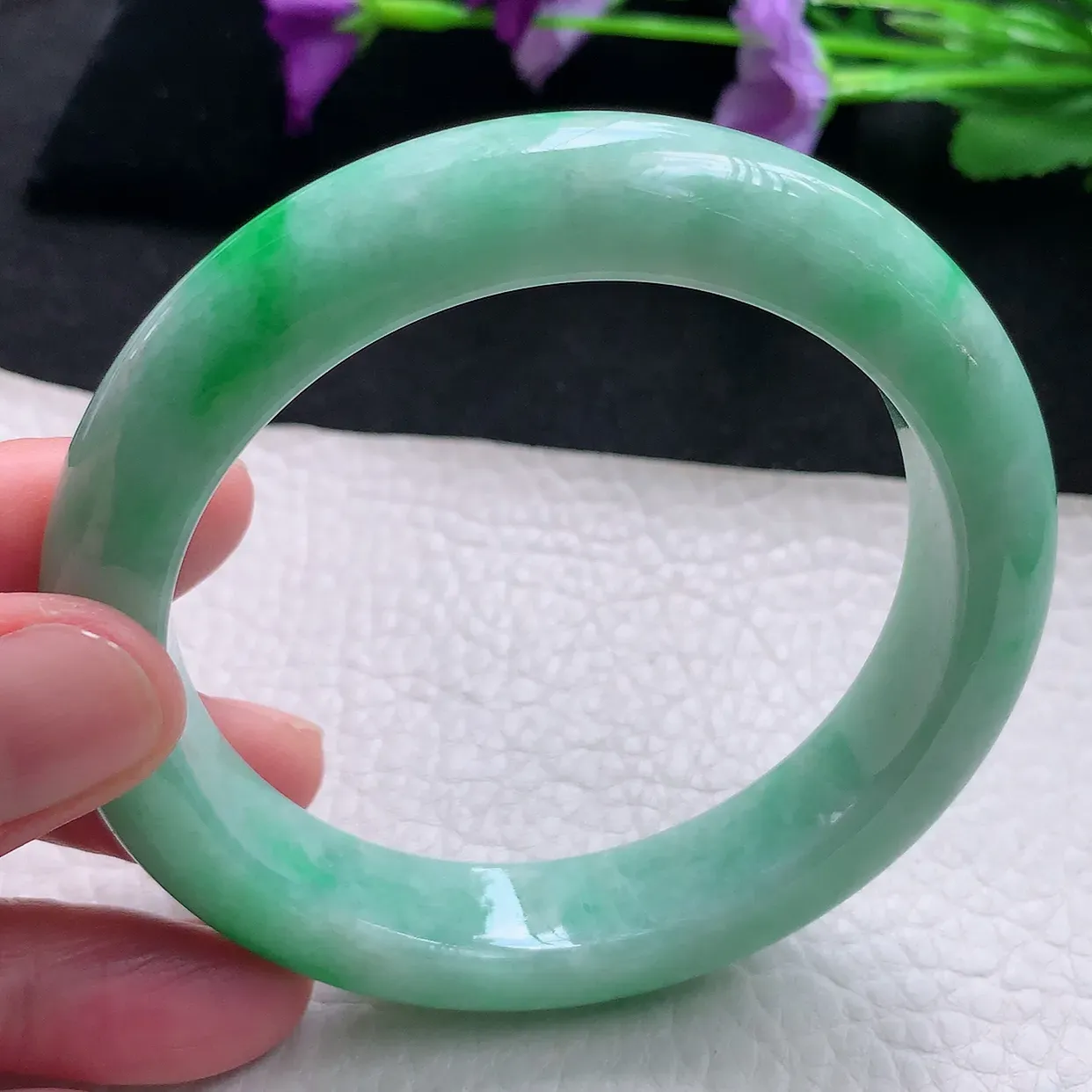 Pj自然光59.5*12.8*9.2大圈口平安镯 天然缅甸翡翠a货手镯飘绿满色正圈镯子