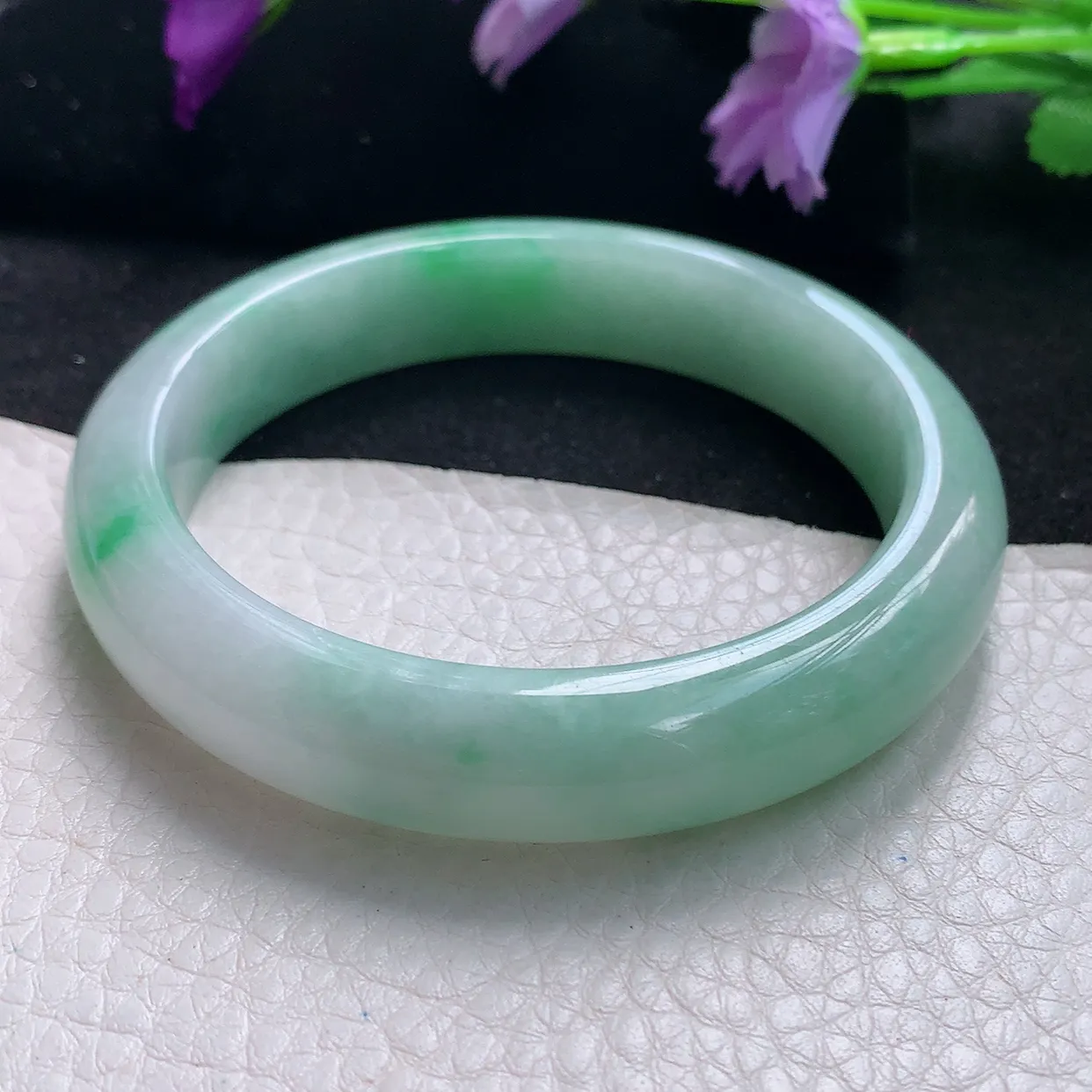 Pj自然光57.3*12.6*8.5平安镯 天然缅甸翡翠a货手镯飘绿正圈镯子