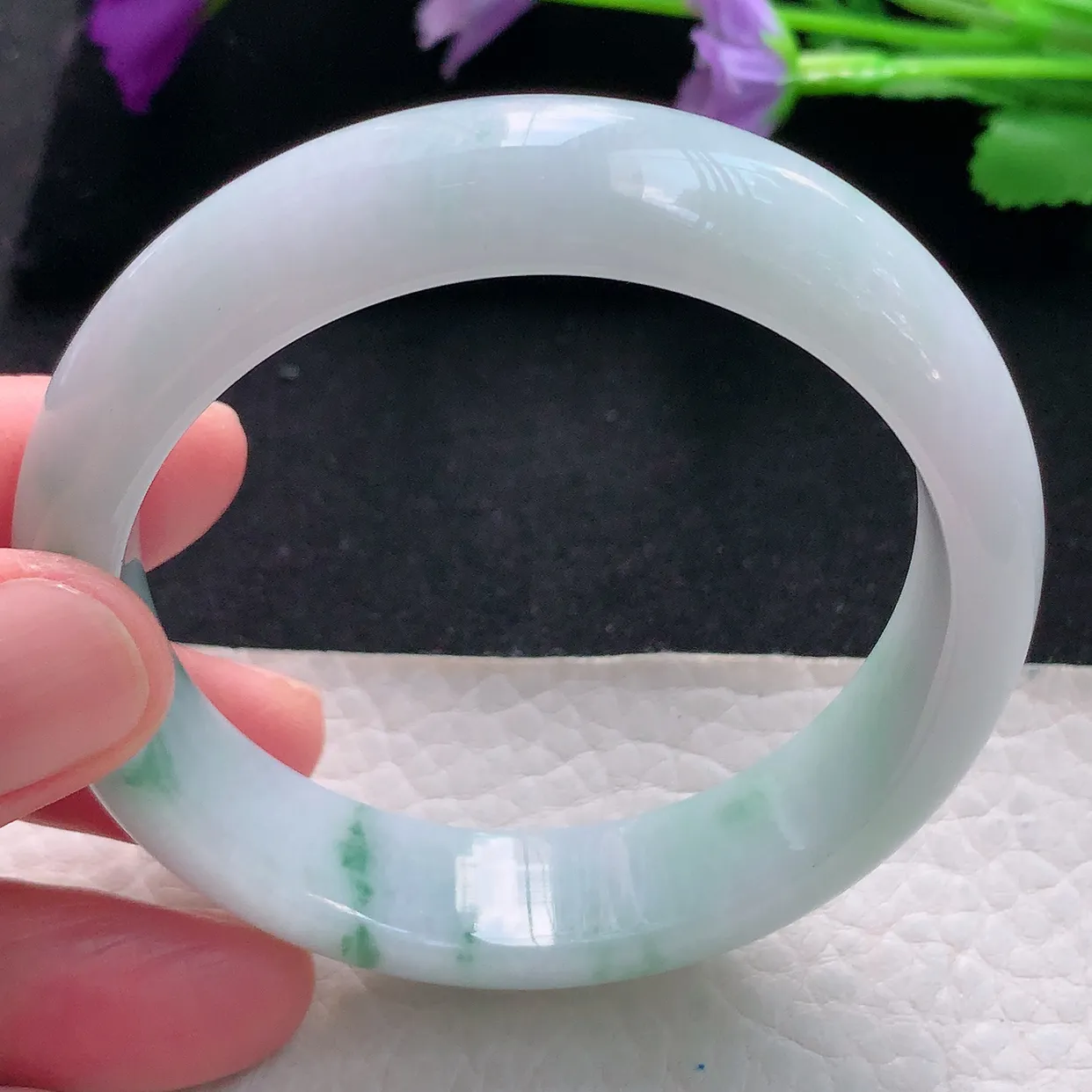 js自然光54*14*7.8平安镯 天然缅甸翡翠手镯飘花正圈宽边镯子玉手环