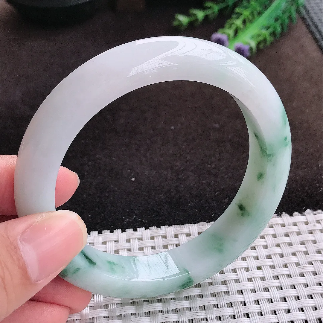 自然光60/12.6/9.3老坑冰润水灵飘花大圈口手镯宽边翡翠玉镯美人镯