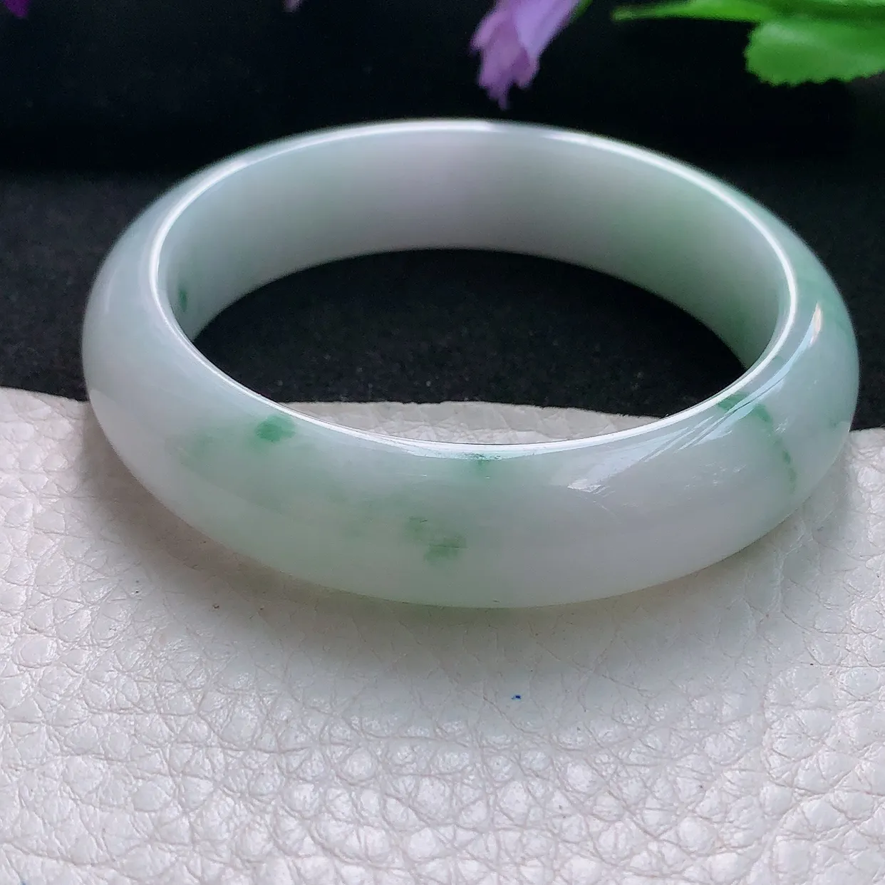 js自然光54*14*7.8平安镯 天然缅甸翡翠手镯飘花正圈宽边镯子玉手环