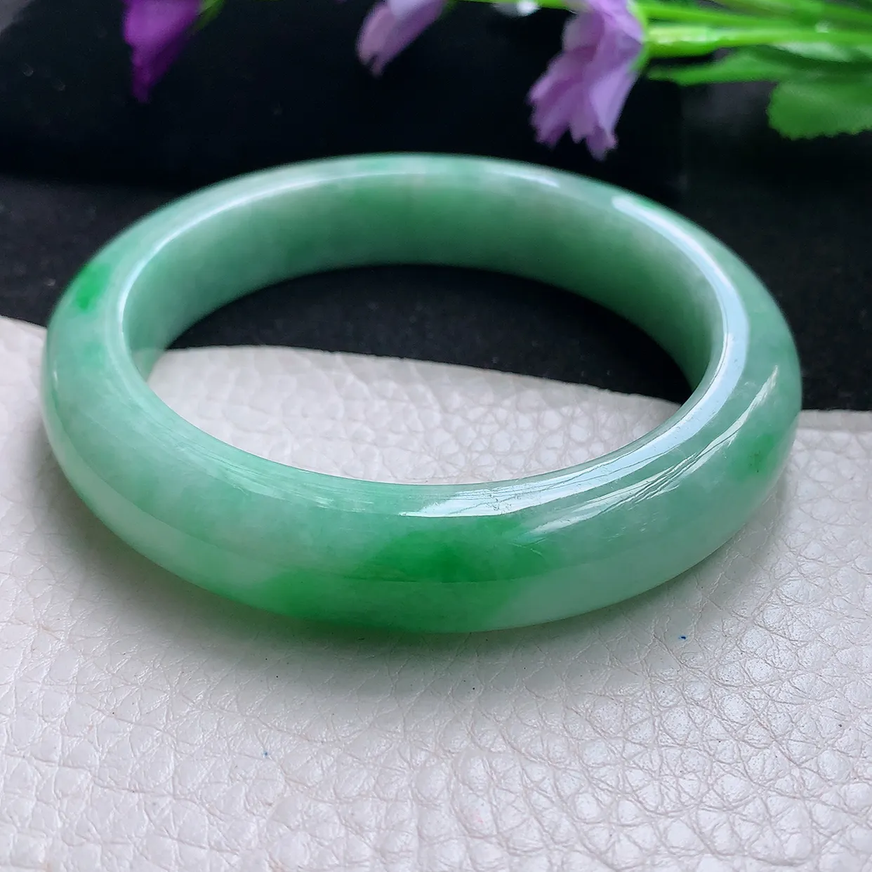 Pj自然光59.5*12.8*9.2大圈口平安镯 天然缅甸翡翠a货手镯飘绿满色正圈镯子