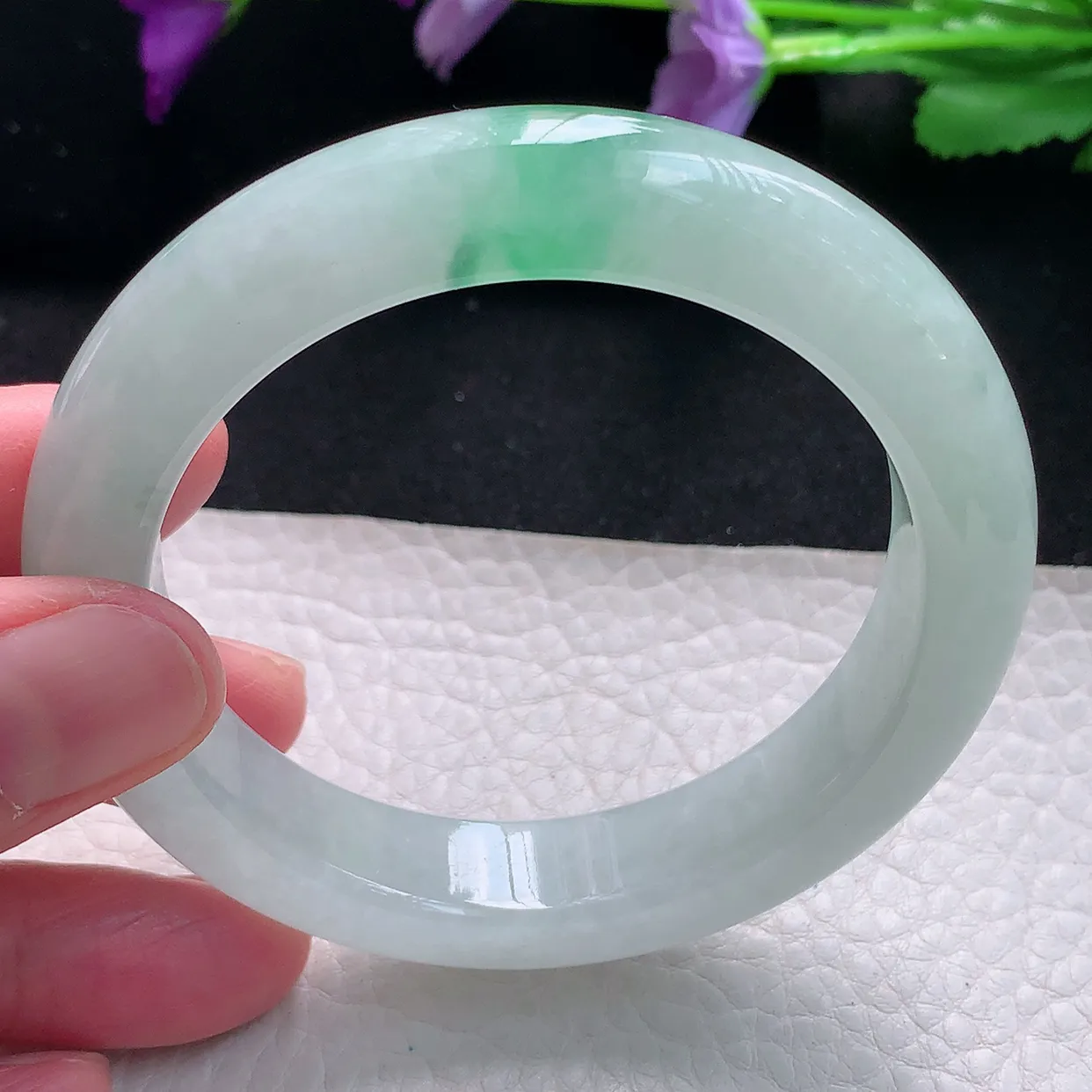 jm自然光55.5*12.5*9.6平安镯 天然缅甸翡翠a货手镯飘绿花正圈冰透厚镯子