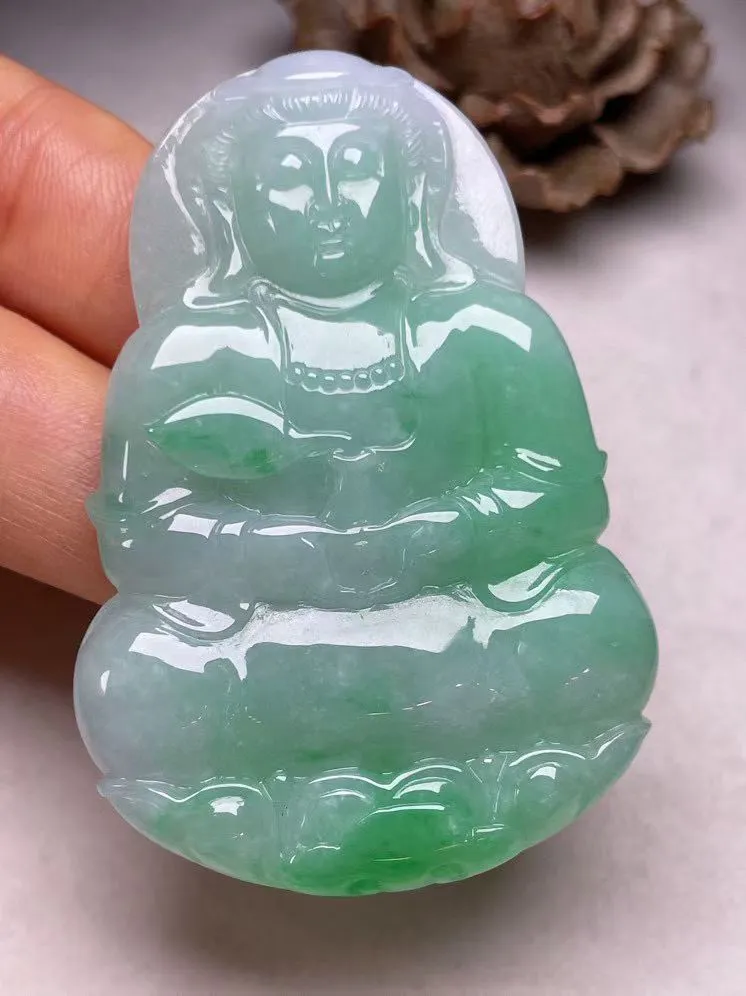 冰糯种飘绿【立体观音】吊坠，种水好，玉质细腻 ，卖相好‘