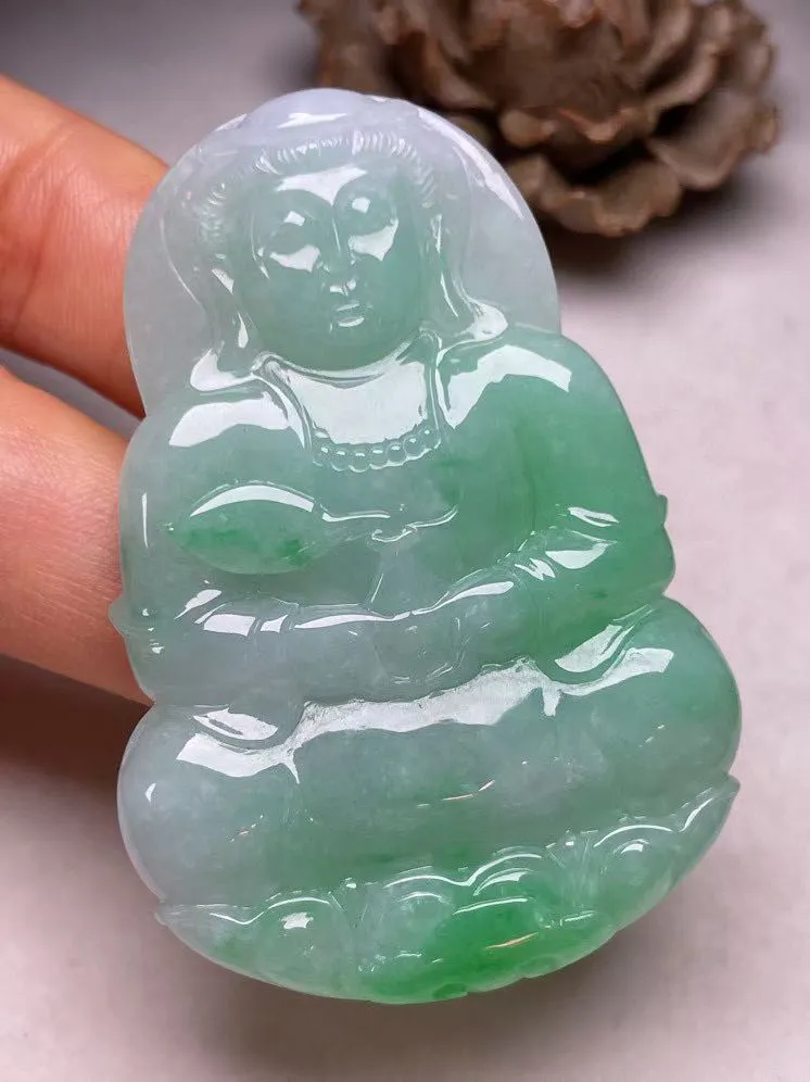 冰糯种飘绿【立体观音】吊坠，种水好，玉质细腻 ，卖相好‘