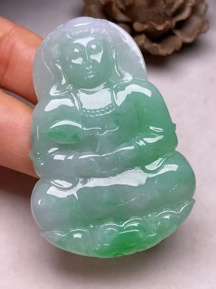 冰糯种飘绿【立体观音】吊坠，种水好，玉质细腻 ，卖相好‘