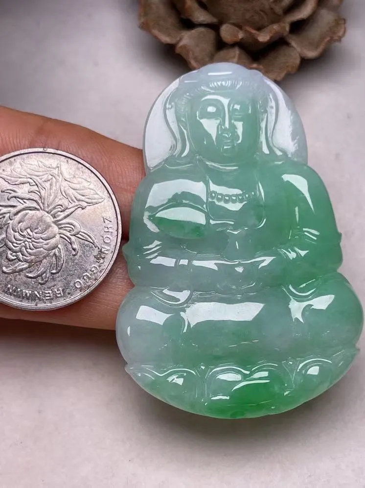 冰糯种飘绿【立体观音】吊坠，种水好，玉质细腻 ，卖相好‘