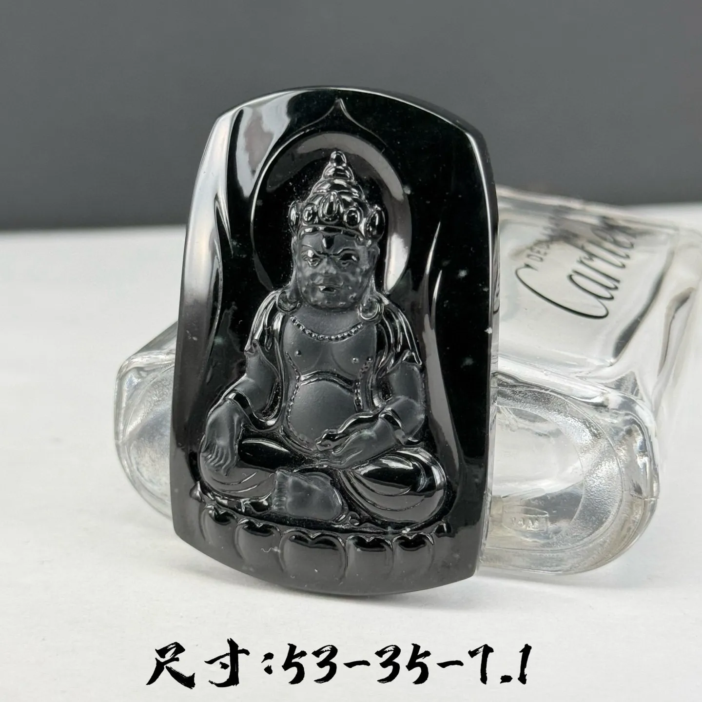 精品墨翠黄财神 种好色正 黑度极好 打灯通透 油性十足 尺寸53