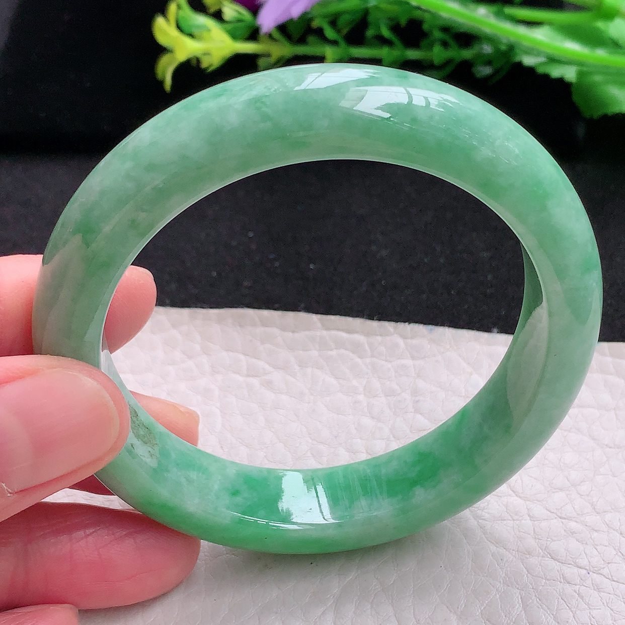 xh自然光55*12.8*8.5平安镯 天然缅甸翡翠满绿宽边玉镯子 玉手环
