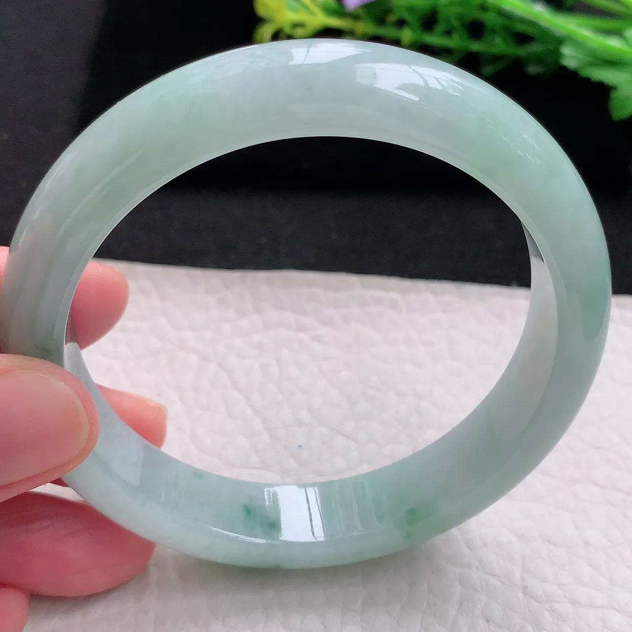 ll大圈口60*12.8*8平安镯 天然缅甸翡翠a 货冰飘花清新宽边玉镯子 玉手环