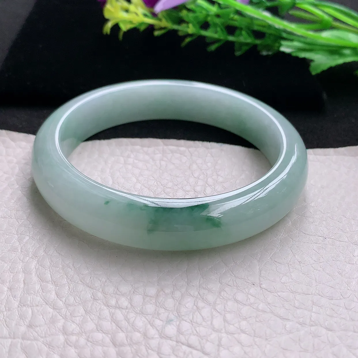 ll大圈口60*12.8*8平安镯 天然缅甸翡翠a 货冰飘花清新宽边玉镯子 玉手环